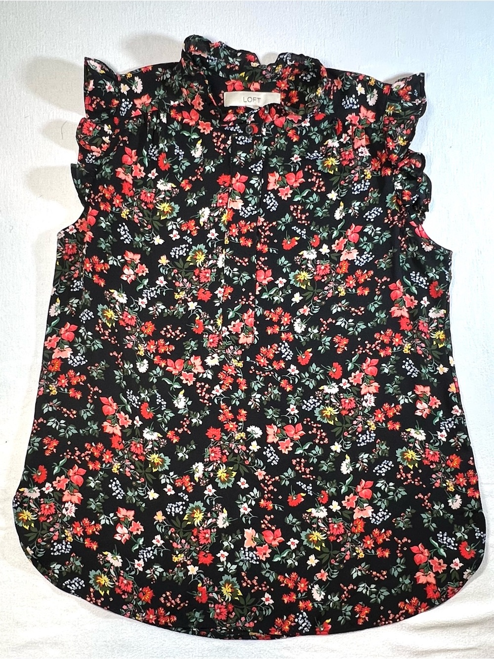 LOFT Black Floral Ruffle Cap-Sleeve Blouse, Coquette, Feminine, Whimsy